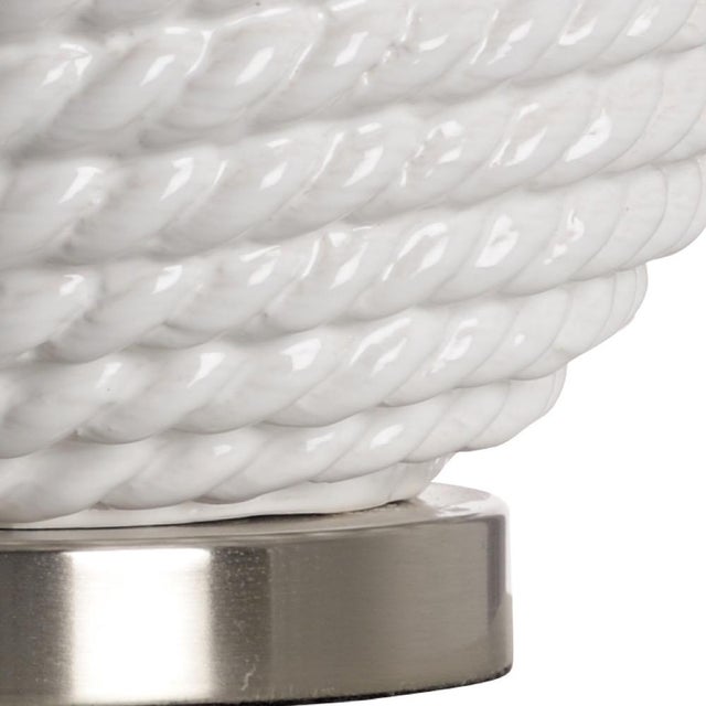 ICE WHITE GLAZED CERAMIC ROPE DESIGN WITH NICKEL BASE AND FINIAL 24h x 7w x 7d Shade Dimensions: top(15) bottom(16) side(10)
