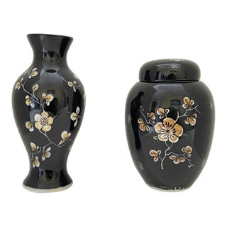Vintage 1960s Famille Noire Black Scratch Royal Delft Lidded Ginger & Small Vase For Sale