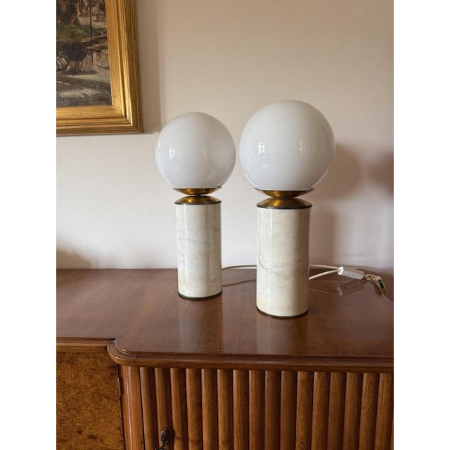 Hollywood Regency Carrara Marble & Brass Table Lamps, LuciRhytmo, Italy, 1970s, Set of 2 For Sale - Image 6 of 13