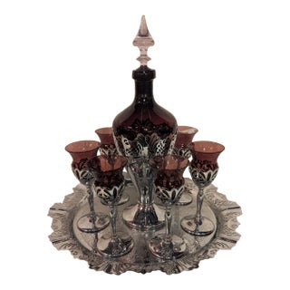 1930s Farberware and Cambridge Glass Decanter and Stems Set- 9 Pieces For Sale