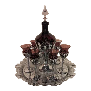 1930s Farberware and Cambridge Glass Decanter and Stems Set- 9 Pieces