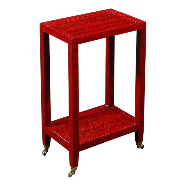 Mid-Century Side Table in Smoked Ruby Cobra With Brass Castors by Karl Springer For Sale