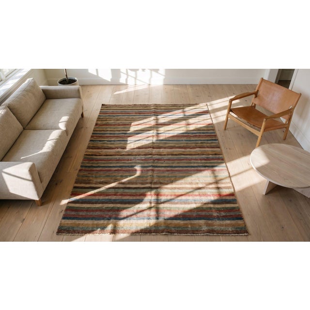 1930s Multicolor Stripe Geometric Antique American Hooked Rug 5'5" X 8'7" Hand Knotted Wool Carpet For Sale - Image 9 of 9