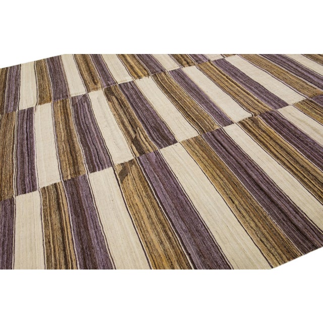 2020s Room Size Striped Flatweave Kilim Wool Rug in Beige For Sale In New York - Image 6 of 7