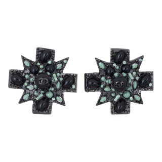 Chanel Large Black Cross Earrings c2011 Clip On Green Enamel CC Logo Gothic - 2 Pieces For Sale