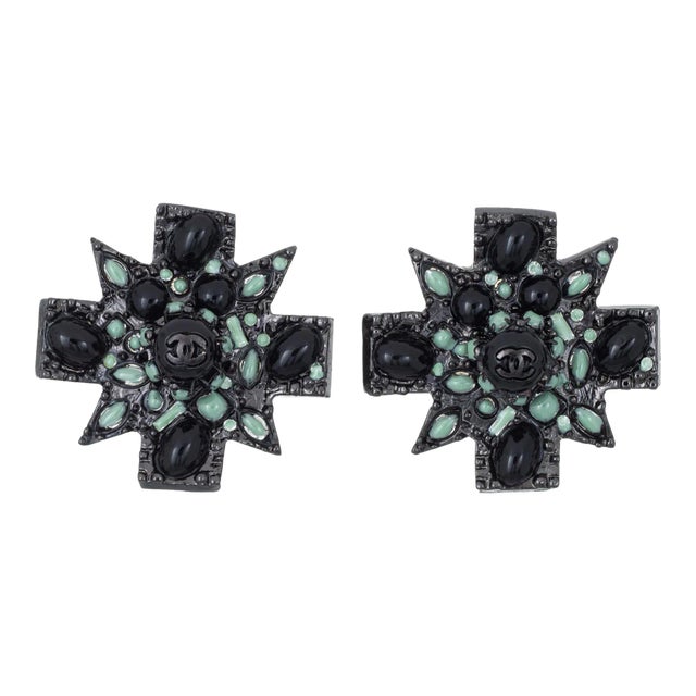 Chanel Large Black Cross Earrings c2011 Clip On Green Enamel CC Logo Gothic - 2 Pieces For Sale