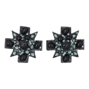 Chanel Large Black Cross Earrings c2011 Clip On Green Enamel CC Logo Gothic - 2 Pieces