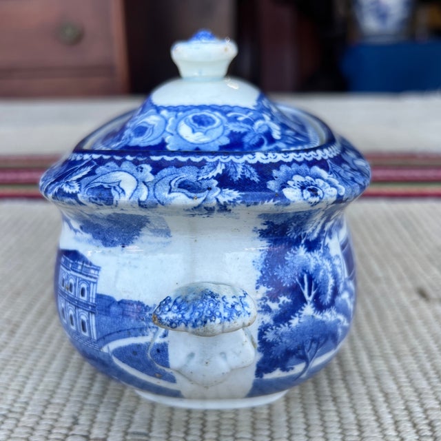 A Antique Historical Blue Staffordshire Sugar Bowl, City Hall New York by Stubbs, Circa 1820 Attributed to Joseph Stubbs...