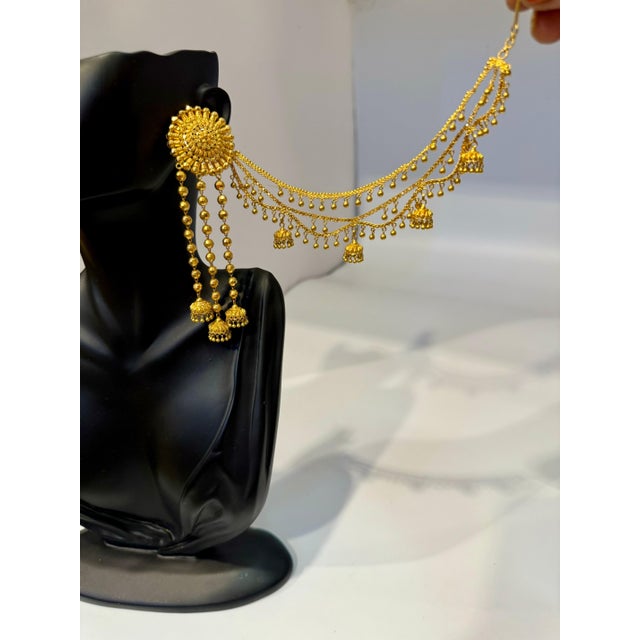 Metal 22k Gold Drop Earrings With 'Attached' Champasaralu / Ear Chains, 72 Gm For Sale - Image 7 of 8