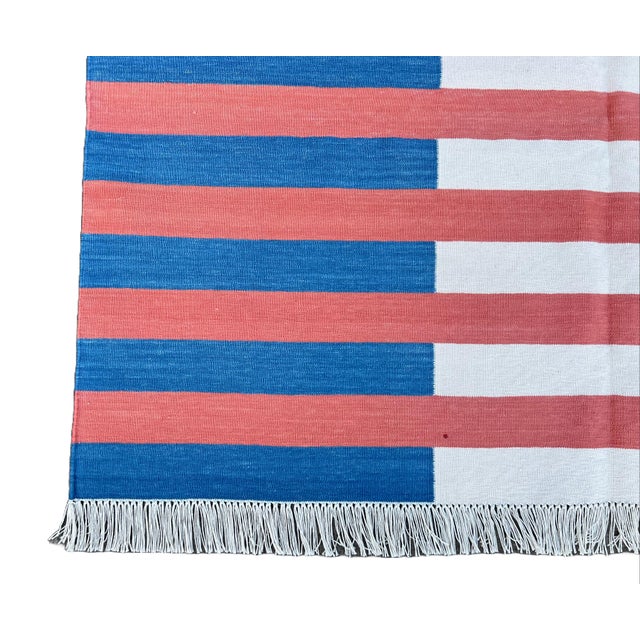 Handwoven Cotton Area Rug, Vegetable Dyed Blue, Terracotta and Cream Striped Dhurrie - 10'x14' For Sale - Image 10 of 10