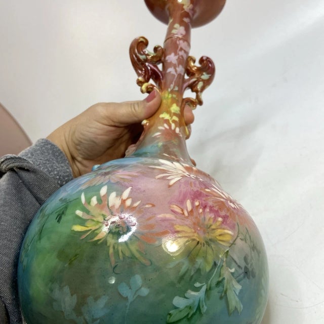 Vintage Lenox Art Deco Vase Iridescent Hand Painted Porcelain 16 in Wreath Mark For Sale - Image 14 of 16