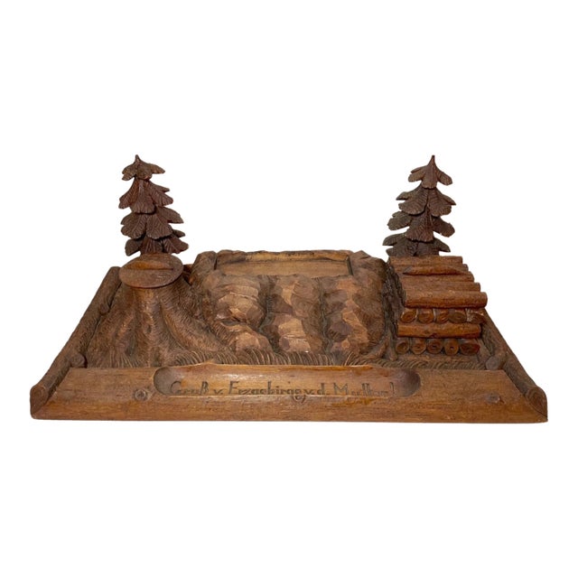 Huge Antique 1800's Carved Black Forest Wood German Desk Inkwell Stand Sculpture For Sale