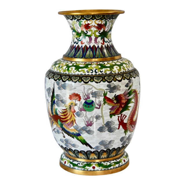 Chinese Cloisonné Vase With Dragons and Phoenix Maker’s Mark For Sale