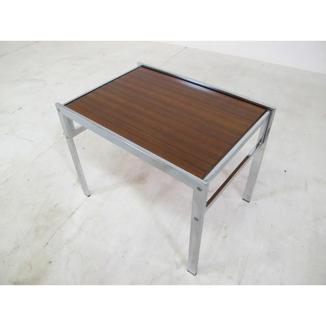 Mid-Century Chromed Steel & Teak Side Table, 1960s, in Very Good conditions. Designed 1960 to 1969
