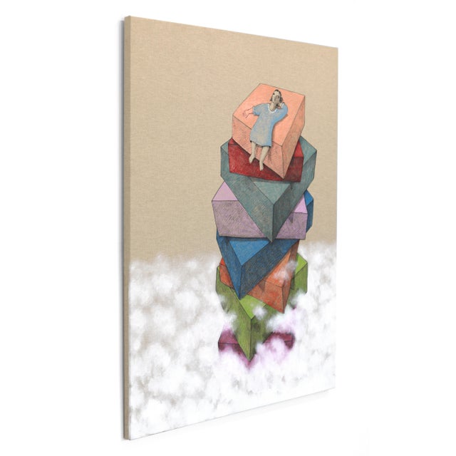 Tan Looking at the Swallow Birds - Large Painting on Canvas Original Artwork by Mohamad Khayata For Sale - Image 8 of 11