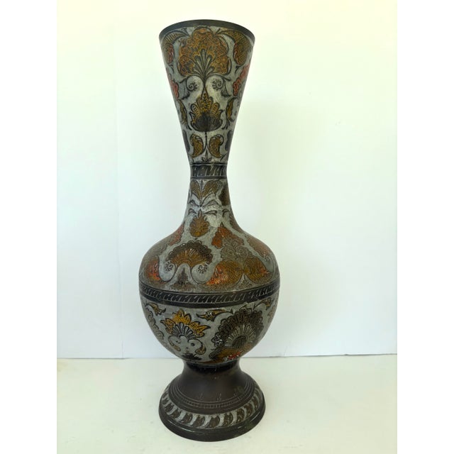 Vintage Etched Enameled Brass Vase With Floral Motifs by Penco Industries, India, C. 1970s For Sale In Orlando - Image 6 of 10