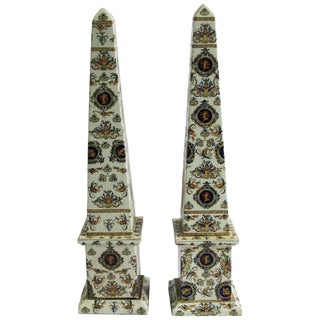 20th Century Italian Obelisks in Hand-Painted Porcelain, Set of 2 For Sale
