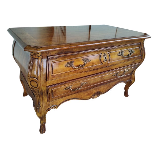 Vintage Drexel Heritage French Provincial Fruitwood Bombe Bombe Low Commode Nightstand Chest For Sale
