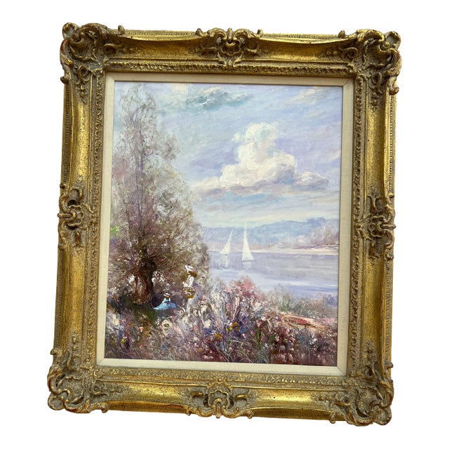 Late 20th Century Framed Oil Painting of Sailboats on the Lake For Sale