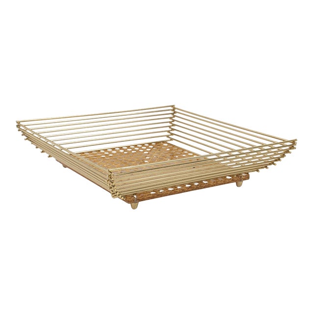 Lucite, Rattan or Wicker and Brass Barware Serving Tray For Sale