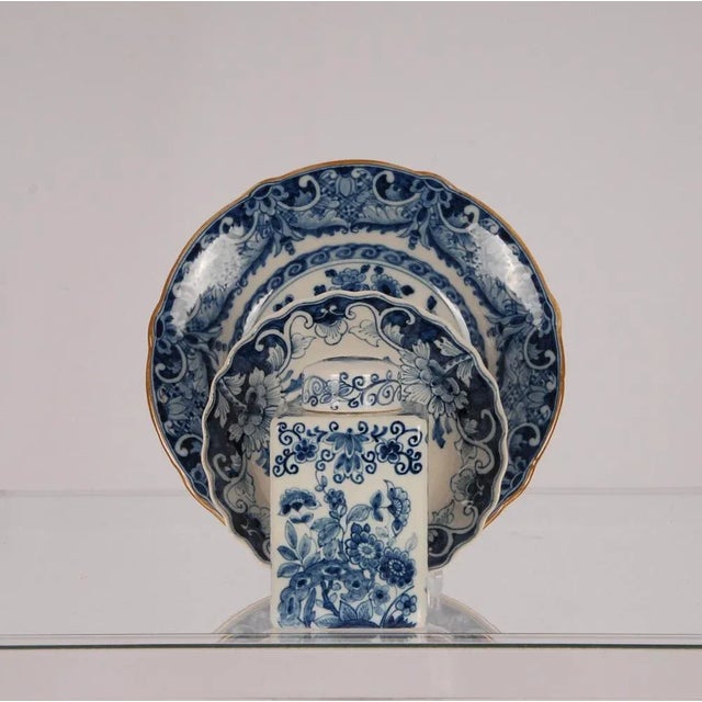 Dutch Blue and White Delftware Tea Caddy and Cabinet Plates, 1940s, Set of 3, in None conditions. Designed 1920 to 1949