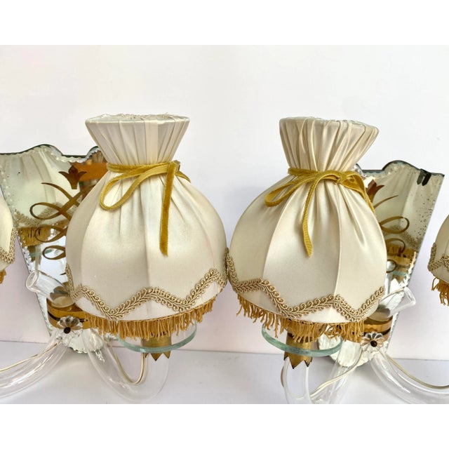 Art Deco Mirrored Brass Wall Sconces with Textile Shades, Italy, 1920s, Set of 2 For Sale - Image 3 of 10