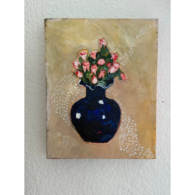 French Country Vintage Vibrant Vase of Flowers Artisan Canvas Painting For Sale - Image 3 of 4