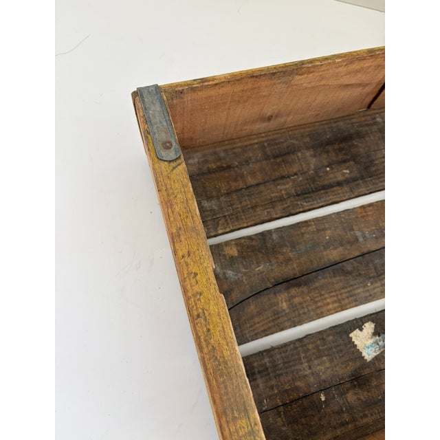 Farmhouse Title: Vintage Pepsi Wood Soda Crate – Yellow With Blue Lettering For Sale - Image 3 of 11