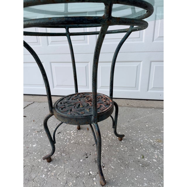 Bottle Green Vintage Glass Top Wrought Iron Bistro Table For Sale - Image 8 of 12