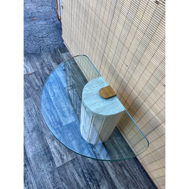 1980s Postmodern Marble and Brass Half-Moon Shaped Side Table in the Artedi Style. Circa 1980s. For Sale - Image 5 of 18
