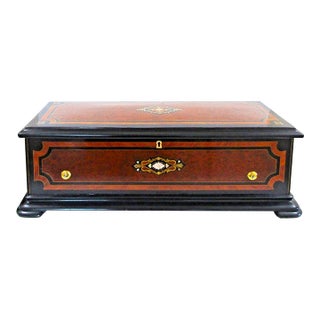 Swiss Ebonized Wood Trim Burl Walnut and Maple Inlaid Music Cylinder Box 1890s For Sale