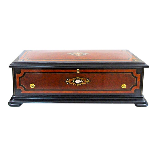 Swiss Ebonized Wood Trim Burl Walnut and Maple Inlaid Music Cylinder Box 1890s For Sale