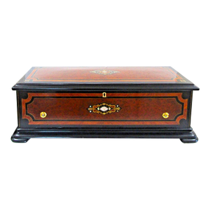 Swiss Ebonized Wood Trim Burl Walnut and Maple Inlaid Music Cylinder Box 1890s