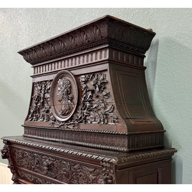 Antique French Fireplace Mantel Surround Renaissance Revival Carved Oak 19thC For Sale - Image 15 of 17