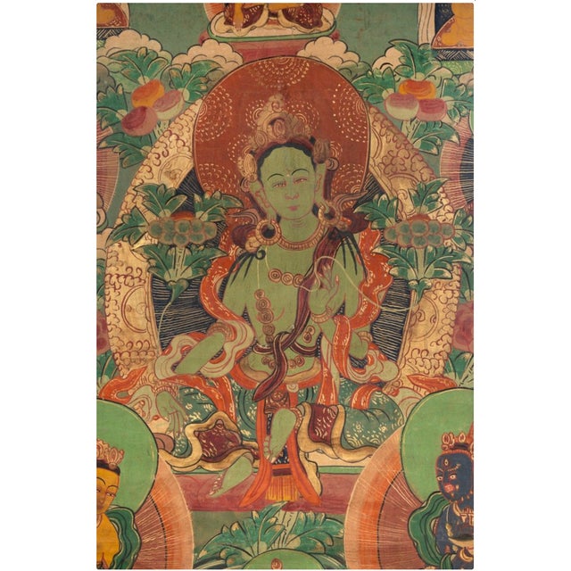 Late 19th Century 19th Century Tibetan Green Tara Thangka Painting on Cotton, Framed For Sale - Image 5 of 10