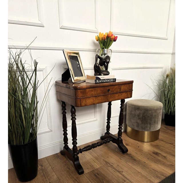 Beautiful antique Italian sewing table ideal as side or end table, characterized by typical beveled edge table top with...