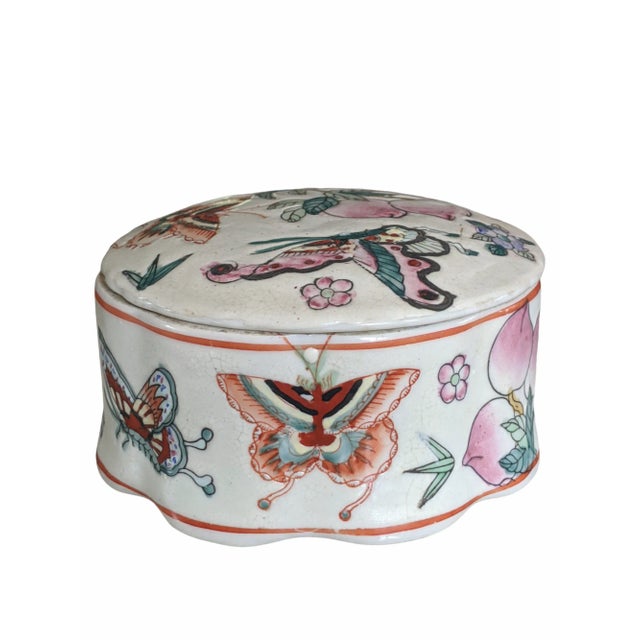 Vintage Chinese Hand Painted Ceramic Lidded Round Trinket Keep All Box Featuring a Butterfly and Plum pattern Chinese...