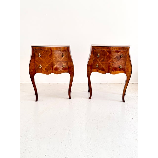 Pair of Italian Bombe Commodini W Geometric Marquetry and Brass Hardware, 1950s For Sale - Image 14 of 16