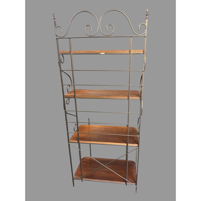 Metal Bakers Rack Wood Shelves Scrollwork Display Shelf Bookcase Plant Stand For Sale - Image 6 of 7
