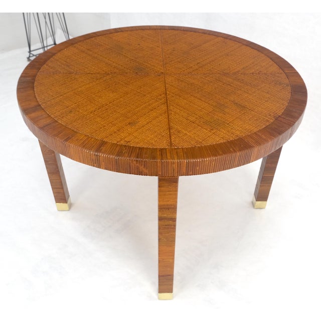 Brown Vine Round Wicker Cane Center Table Brass Tips Legs MINT For Sale - Image 8 of 10