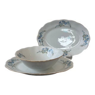 Karolina Blue Floral Serveware Set of 3 Pieces - 2 Platters, 1 Serving Bowl, Made in Poland For Sale