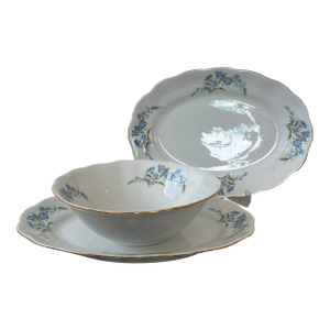 Karolina Blue Floral Serveware Set of 3 Pieces - 2 Platters, 1 Serving Bowl, Made in Poland