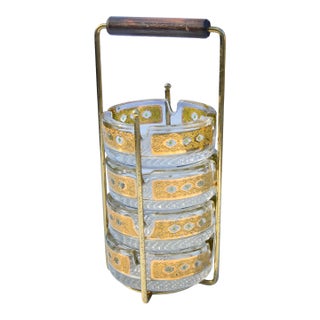 Mid 20th Century Gold-Patterned Culver Glass Ashtrays With Caddy- 5 Pieces For Sale