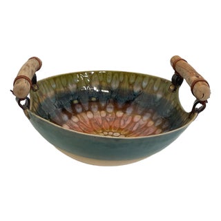 Ceramic Bowl With Wooden Handles by Susan Volk For Sale