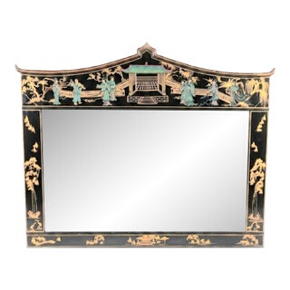 Monumental Vintage Chinoiserie Black Lacquer Soapstone Carved Pagoda Regency Rectangular Mirror For Sale