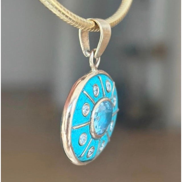 Turquoise Sol Pendant, Turquoise With Blue Topaz, Diamonds & 14k Gold For Sale - Image 8 of 12