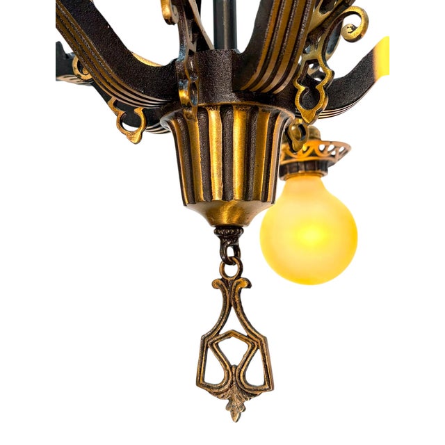 Bronze 1920s Cast Bronze 5 Light Chandelier in Spectacular Original Condition #2622 For Sale - Image 8 of 12