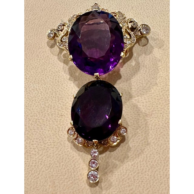 Huge Two Oval Shape Amethyst Pendant Necklace/ Pin & Diamonds 14 Kt Yellow Gold For Sale - Image 4 of 18