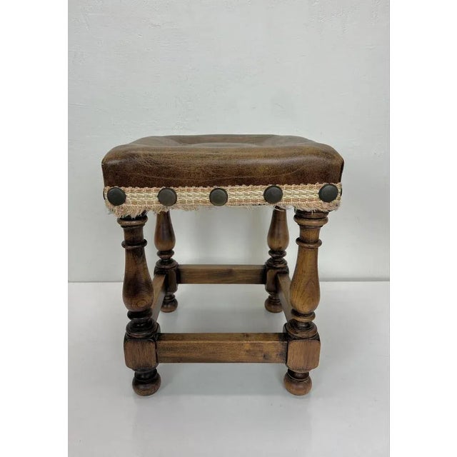 MidCentury Oak and Leather Stool in Spanish Style, 1970s Chairish