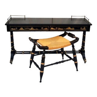 Vintage Hekman Asian Chinoiserie Faux Bamboo Table With Matching Stool For Sale